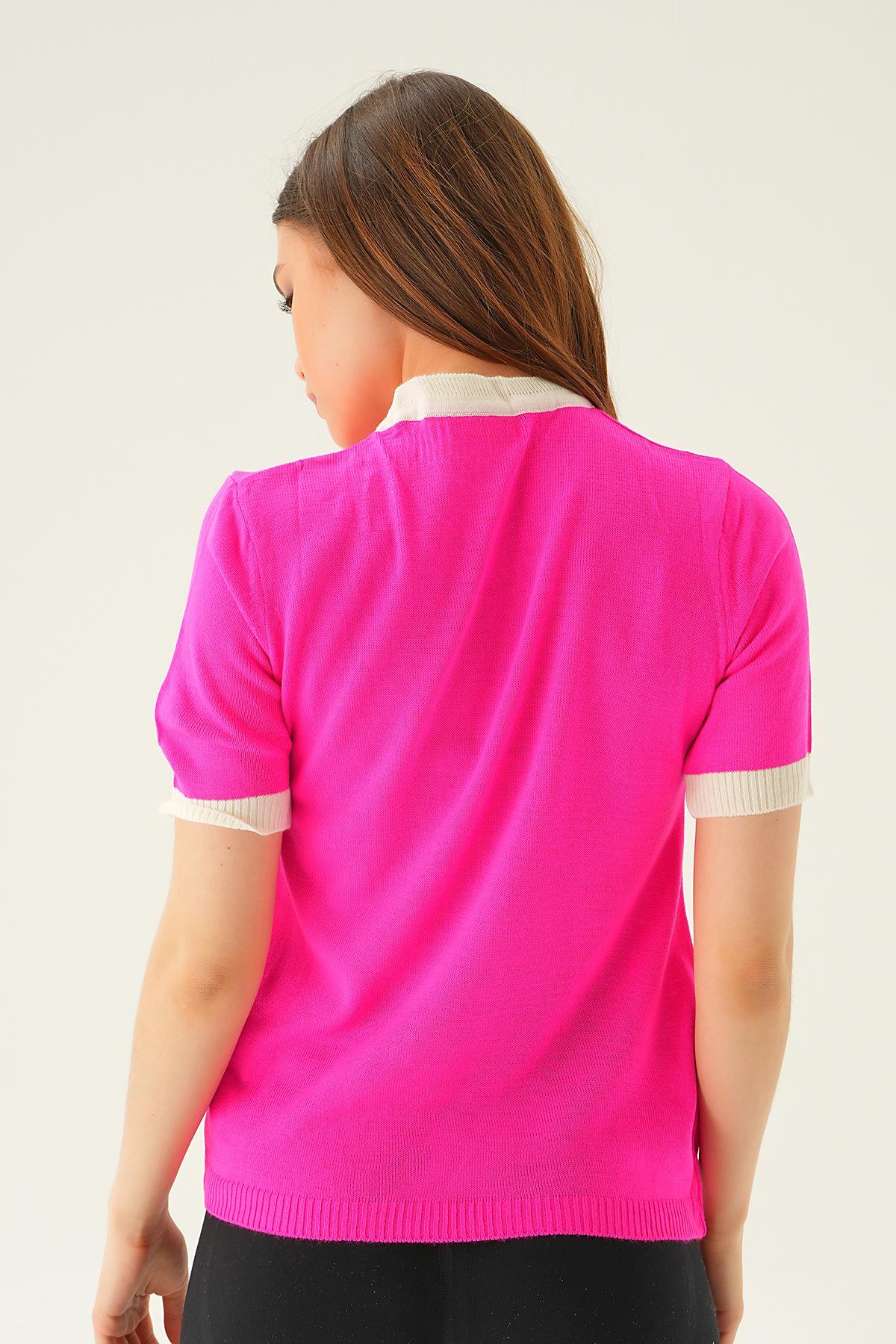 Fuşya Yaka ve Kol Çizgi Tişört 1442 - 5