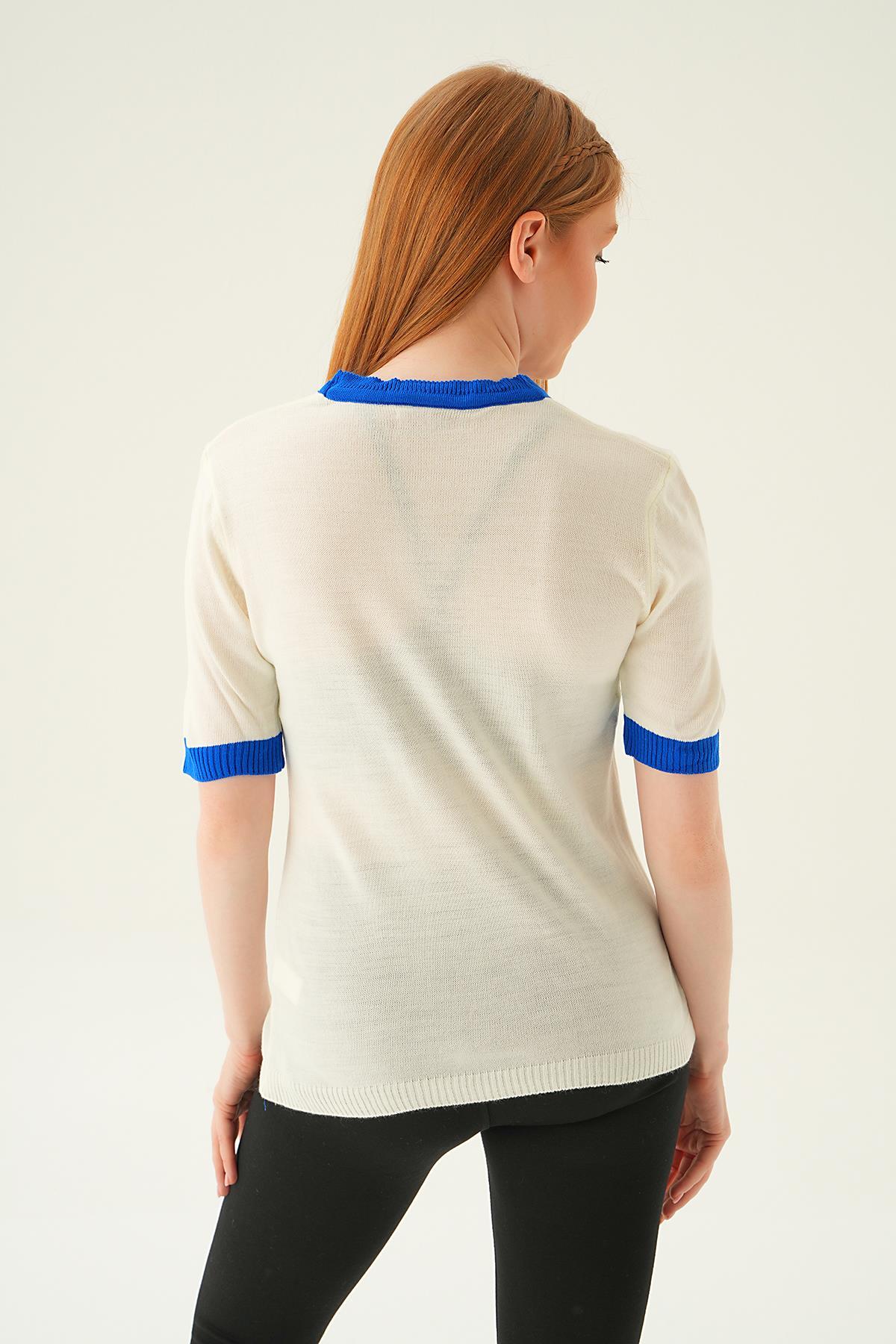 1442 Yaka ve Kol Çizgi Tişört Kemik - 4