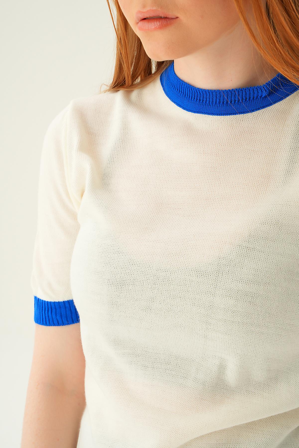 1442 Yaka ve Kol Çizgi Tişört Kemik - 5