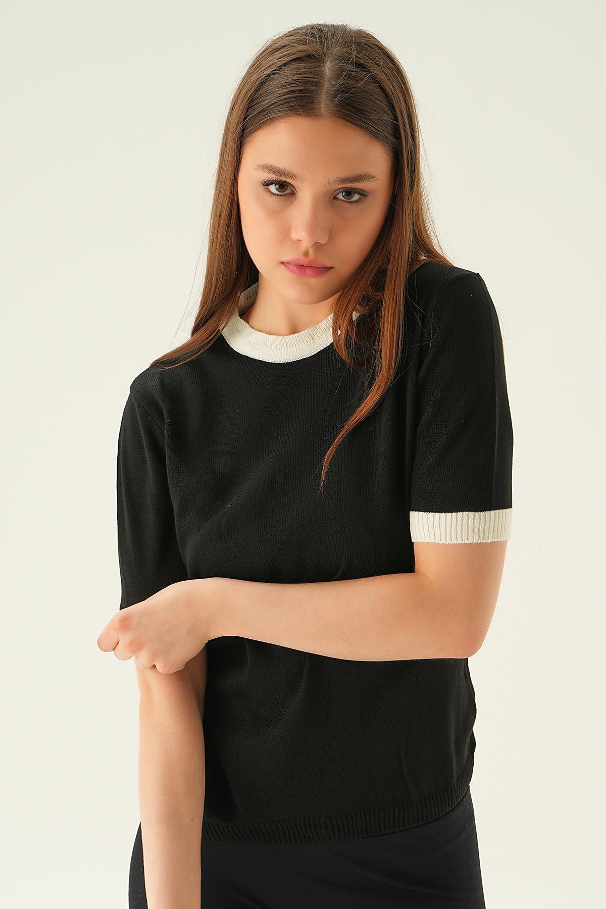 1442 Yaka ve Kol Çizgi Tişört Siyah - 3