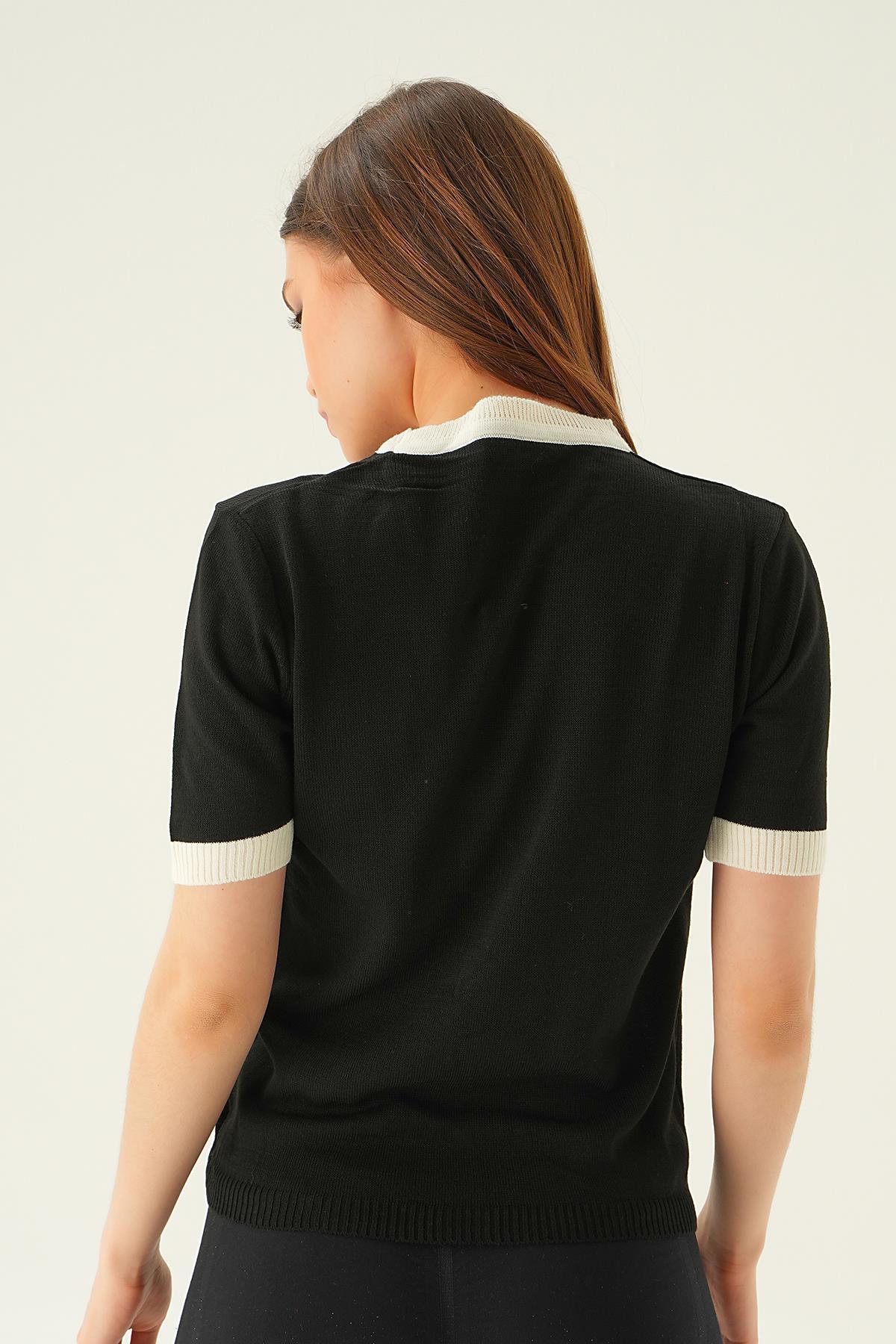 1442 Yaka ve Kol Çizgi Tişört Siyah - 5