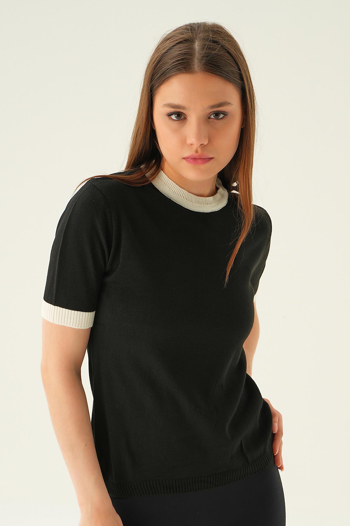 1442 Yaka ve Kol Çizgi Tişört Siyah - 2