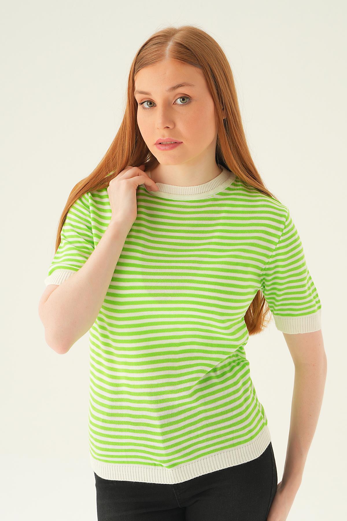 1443 Çizgili Tişört Elma Yeşili - 2