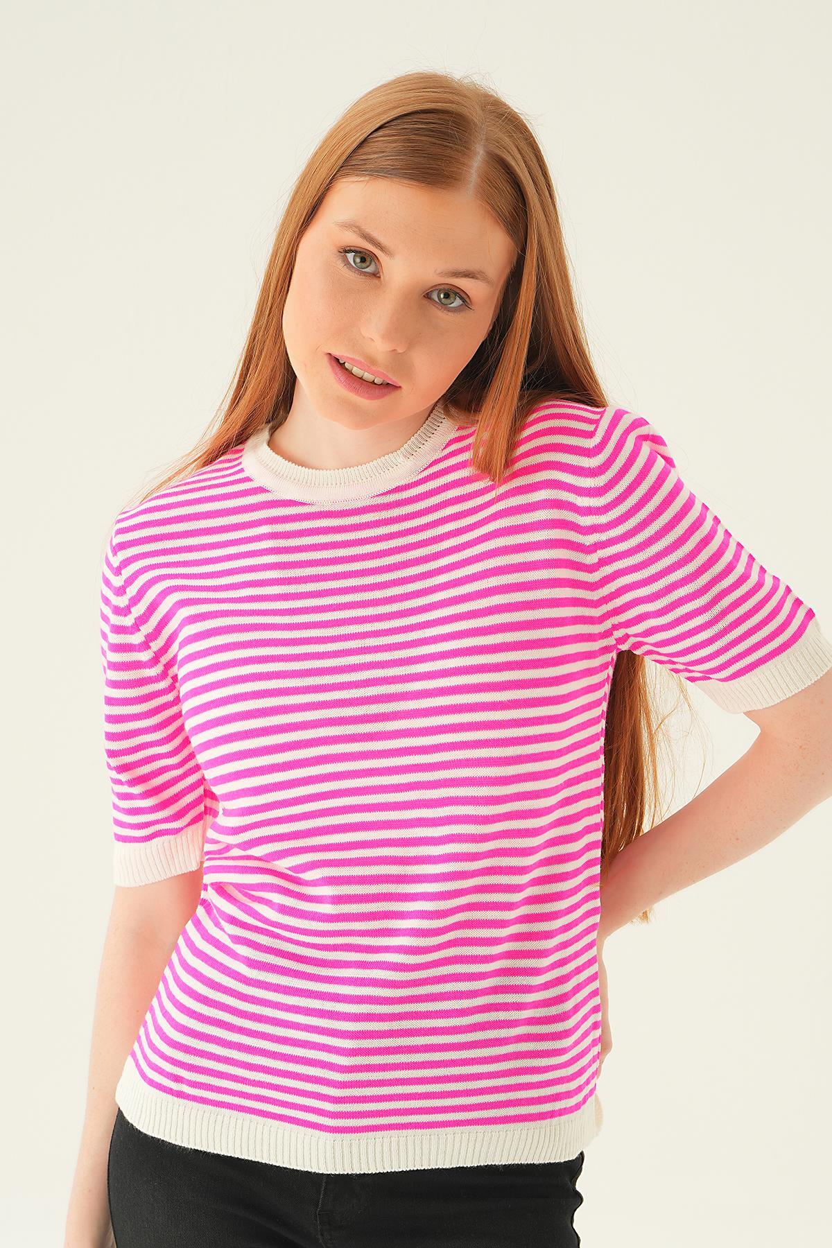 1443 Çizgili Tişört Fuşya - 3