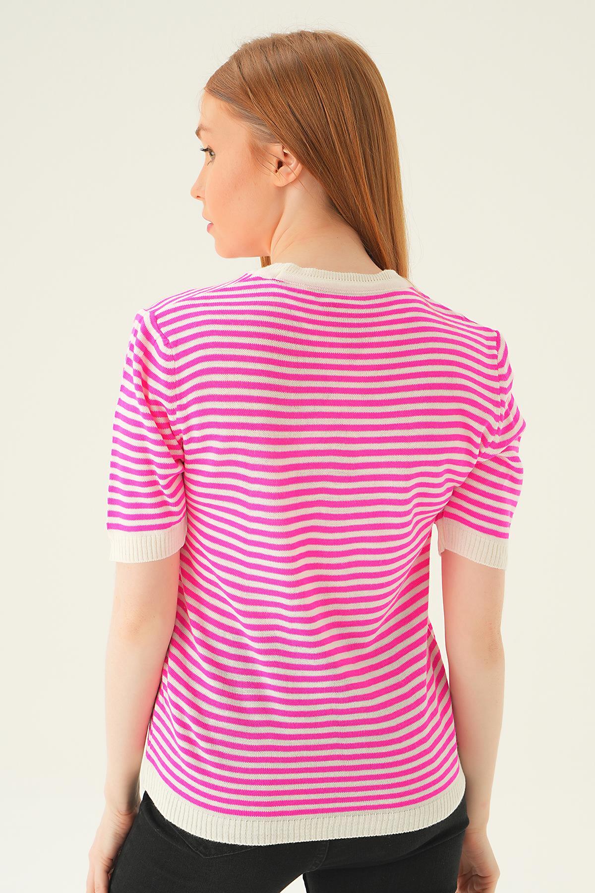 1443 Çizgili Tişört Fuşya - 5