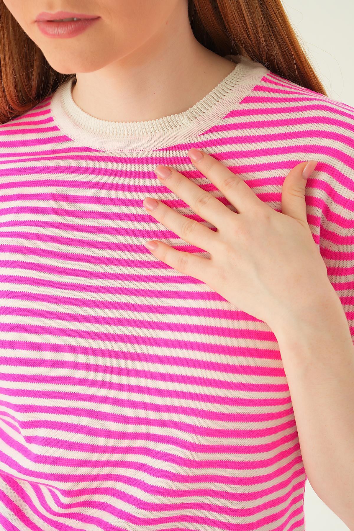 1443 Çizgili Tişört Fuşya - 6