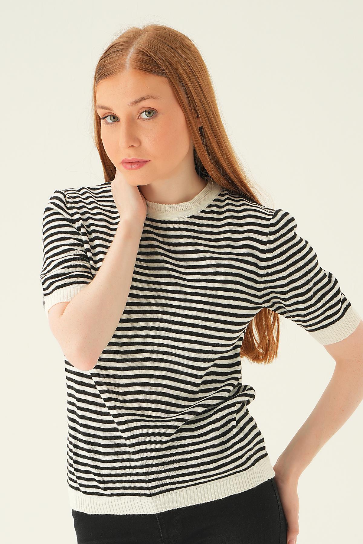 1443 Çizgili Tişört Kemik - 1