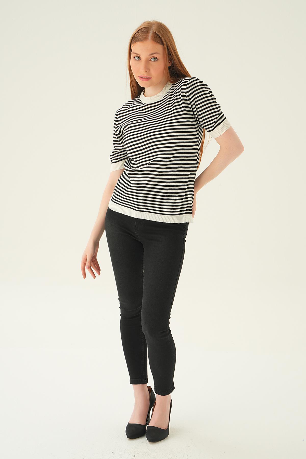 1443 Çizgili Tişört Kemik - 2