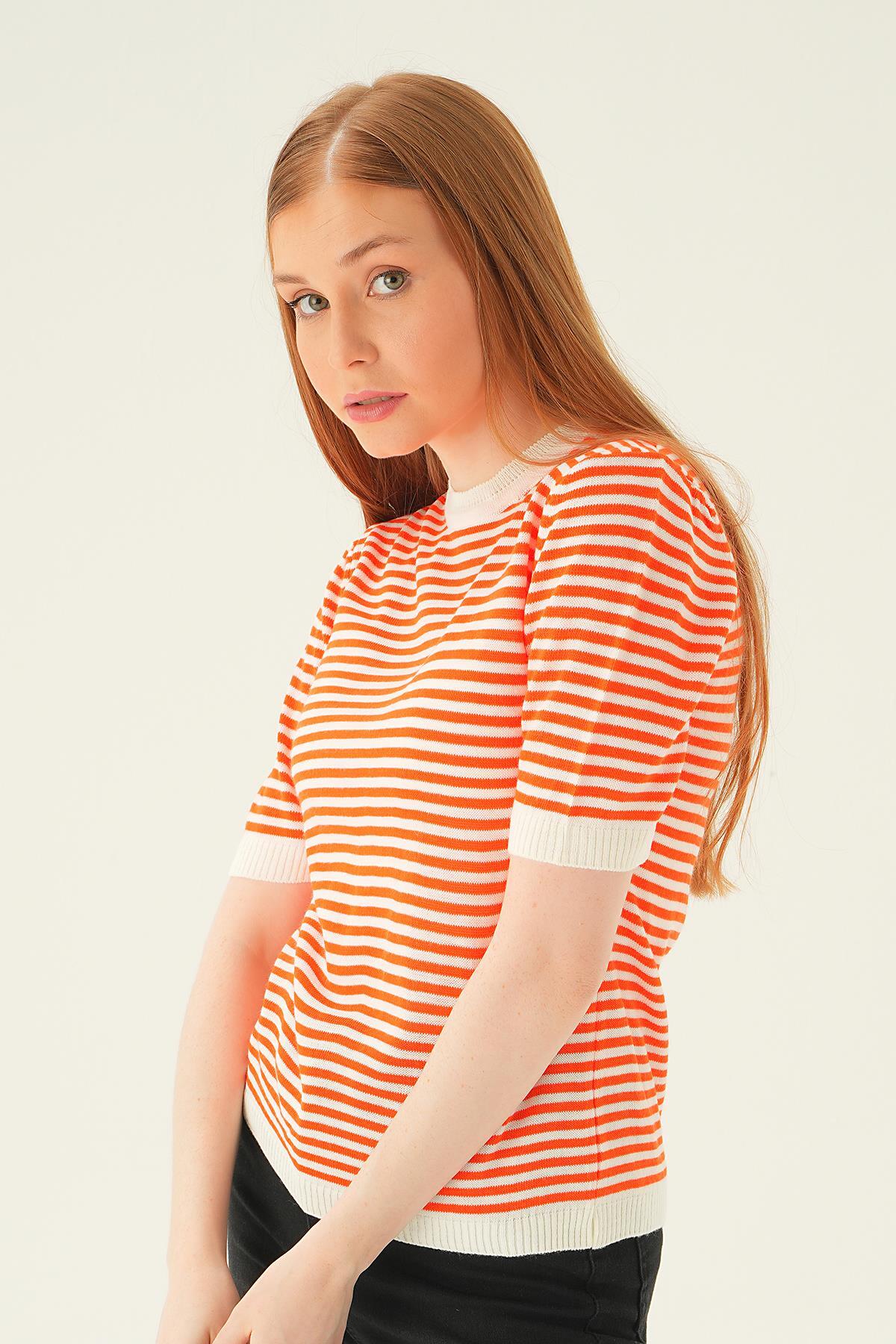 1443 Çizgili Tişört Orange - 3