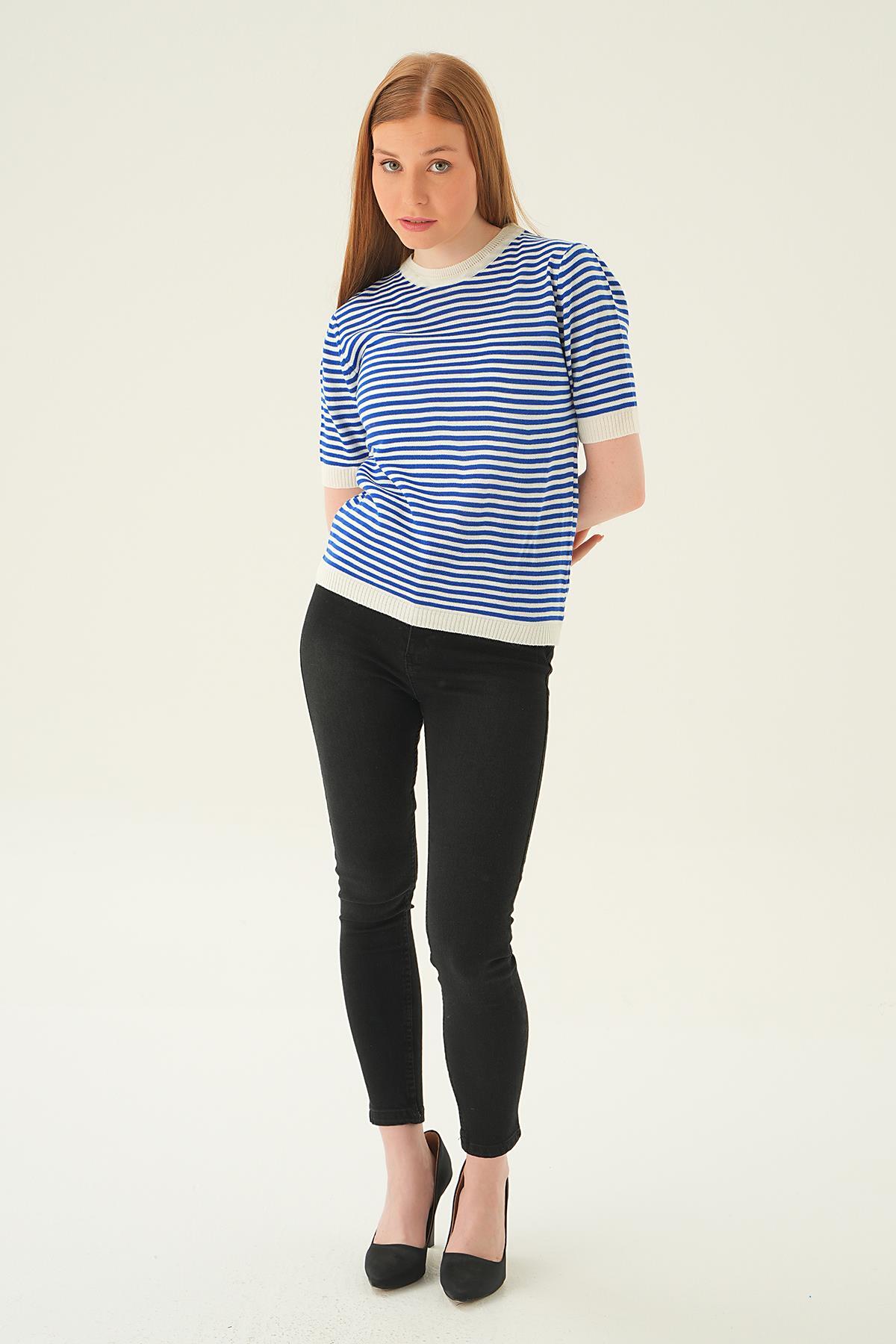 1443 Çizgili Tişört Saks - 6