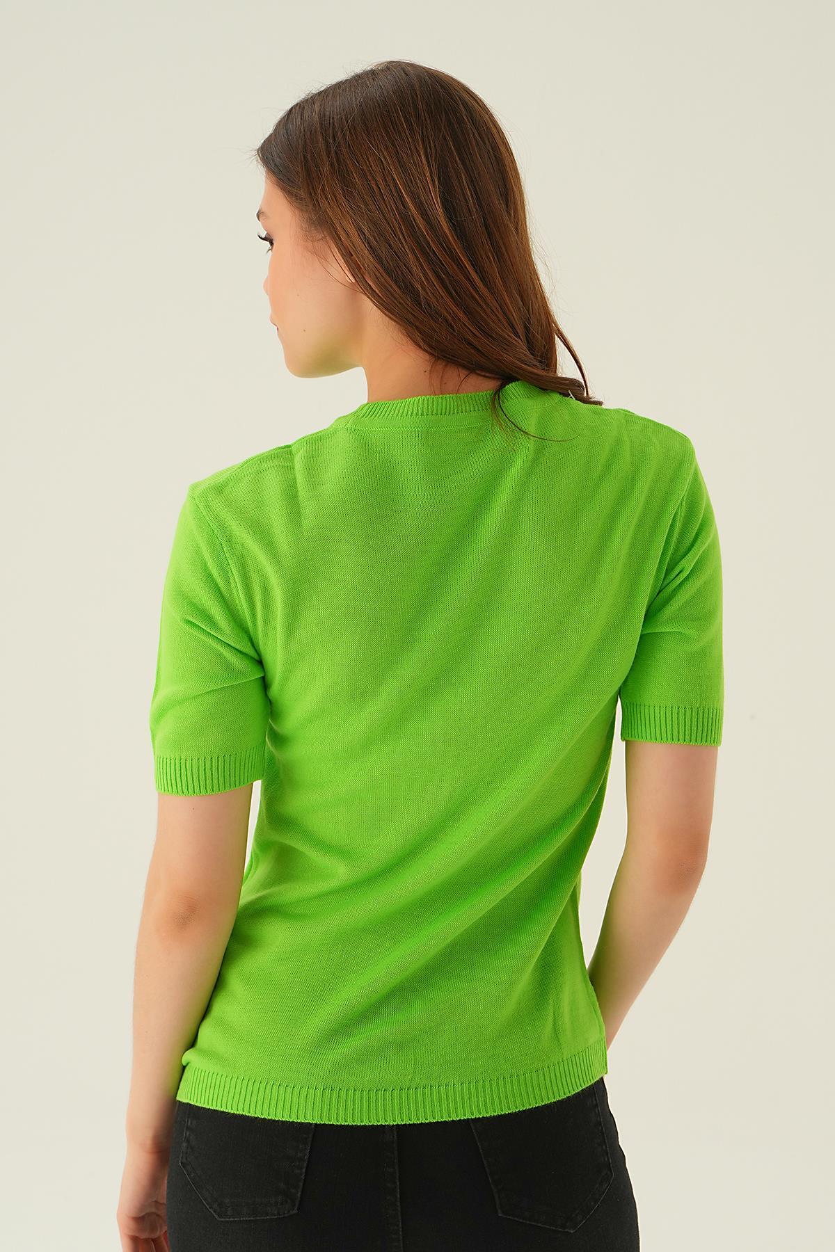 1444 Bisiklet Yaka Tişört Elma Yeşili - 5