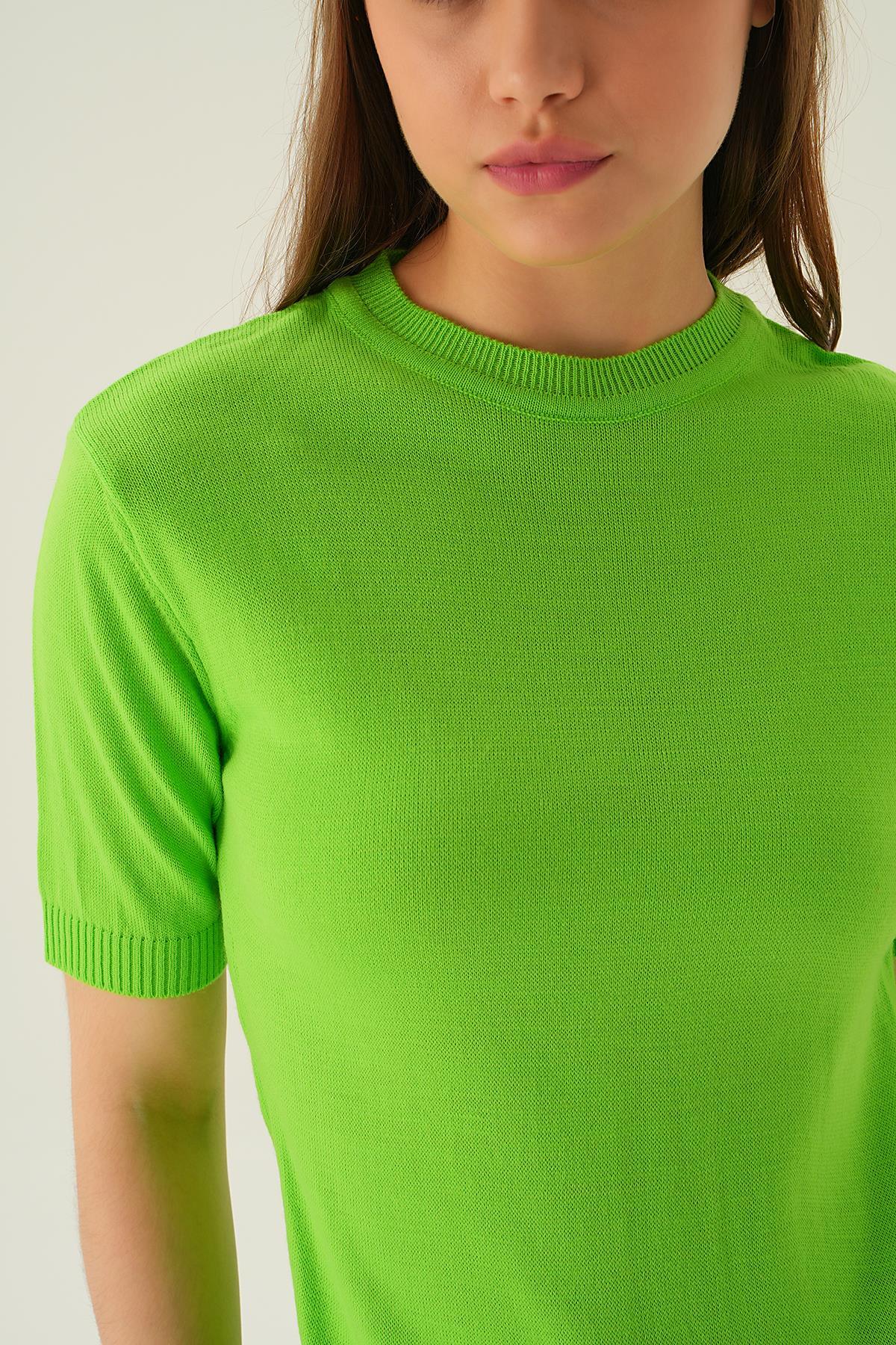 1444 Bisiklet Yaka Tişört Elma Yeşili - 6