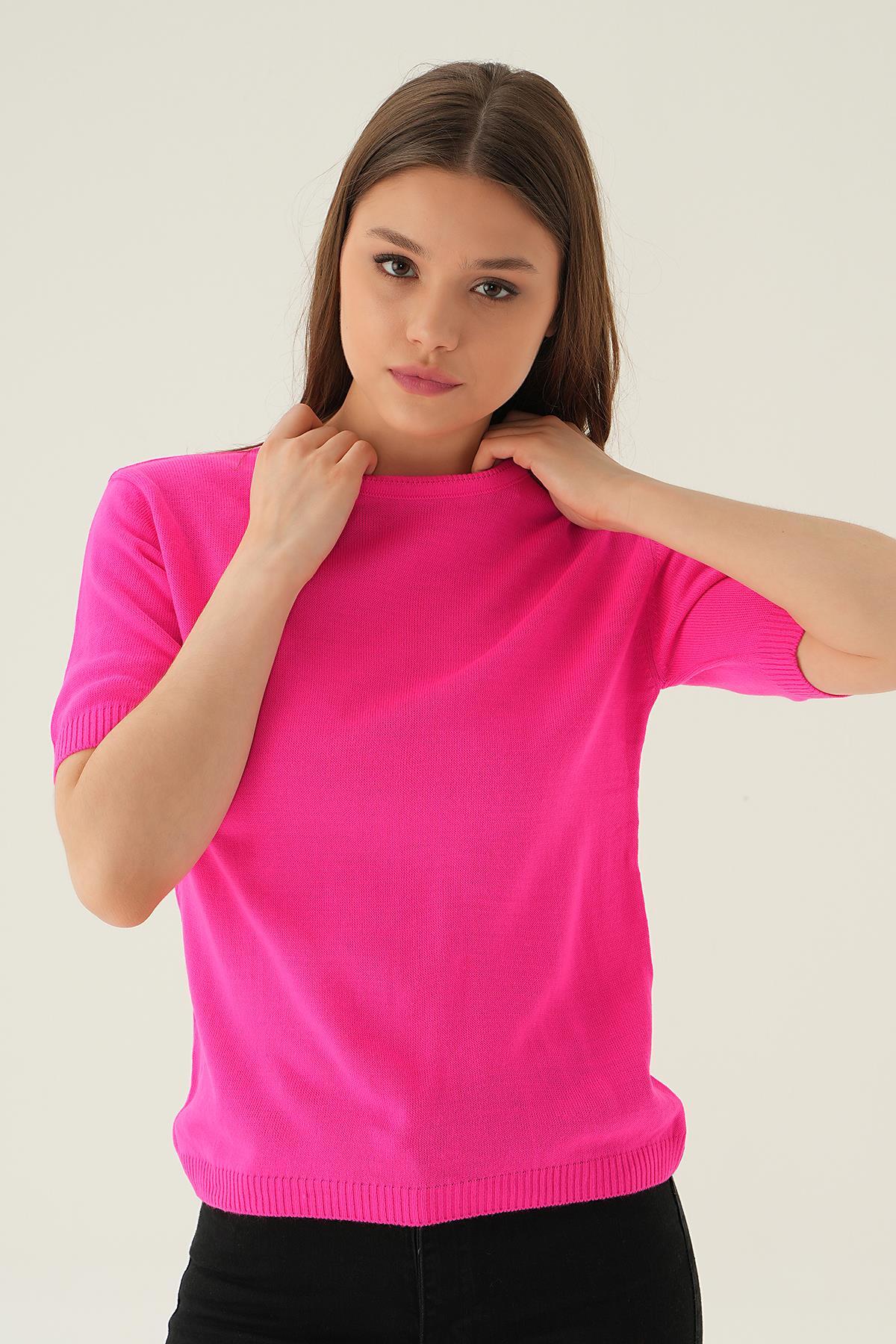 1444 Bisiklet Yaka Tişört Fuşya - 3