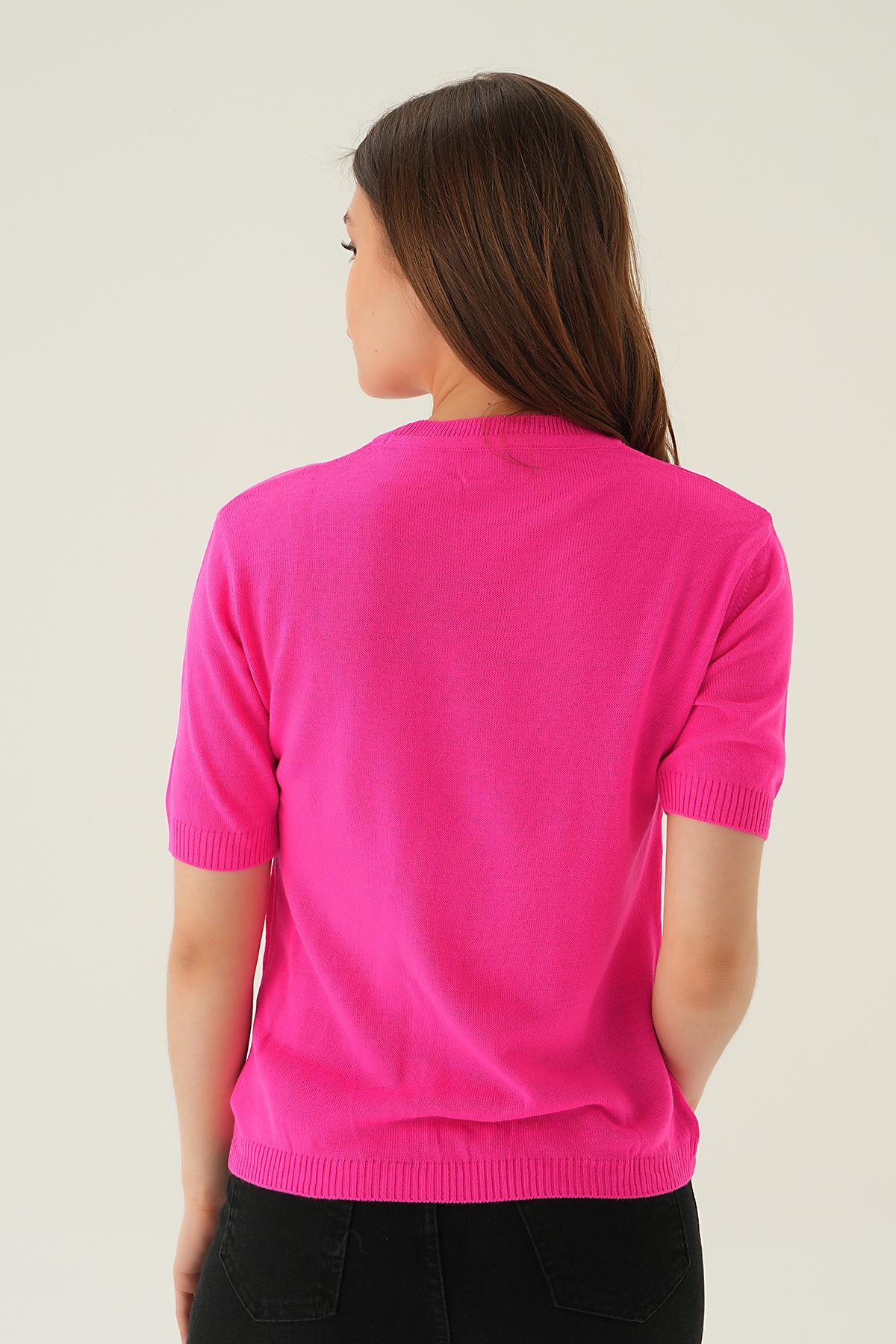 1444 Bisiklet Yaka Tişört Fuşya - 5