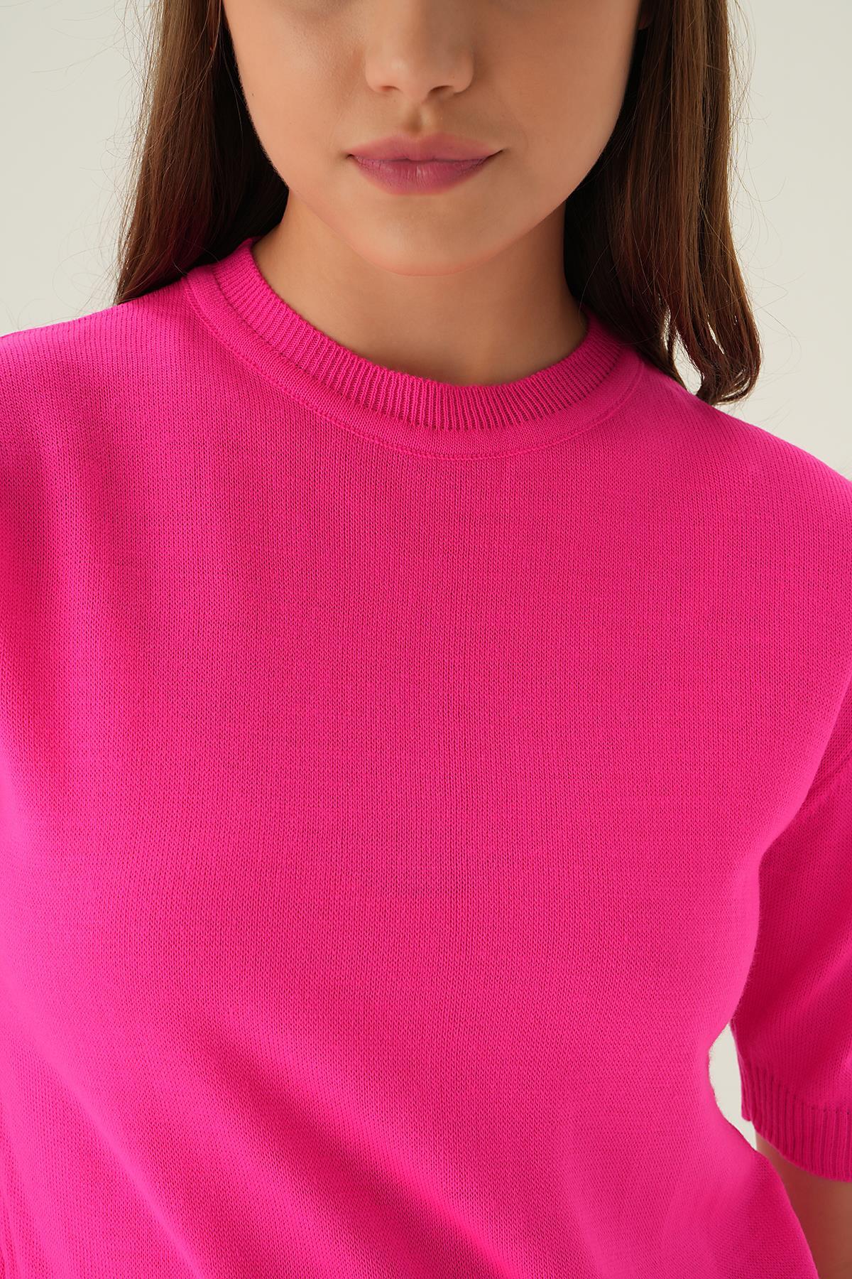 1444 Bisiklet Yaka Tişört Fuşya - 6