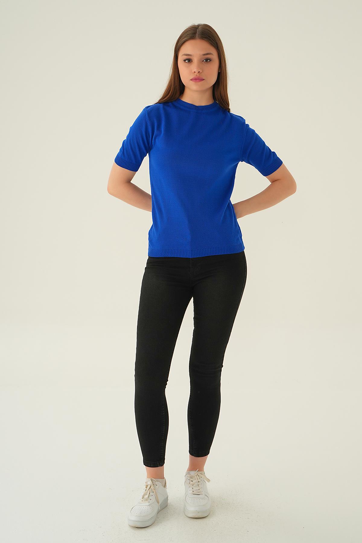 1444 Bisiklet Yaka Tişört Saks - 2