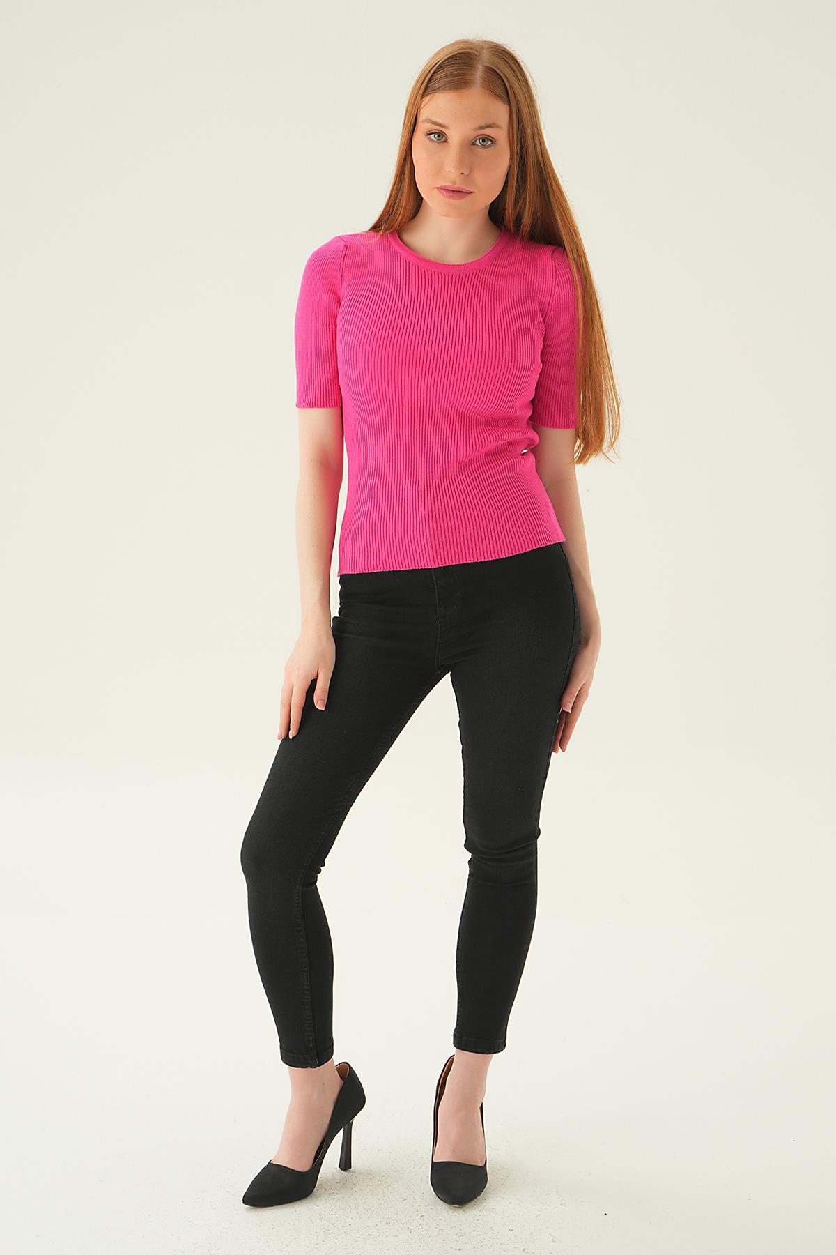 1449 Bisiklet Yaka Tişört Fuşya - 2