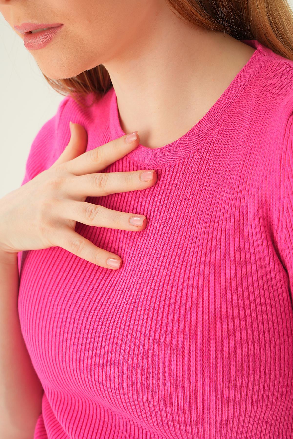 1449 Bisiklet Yaka Tişört Fuşya - 6