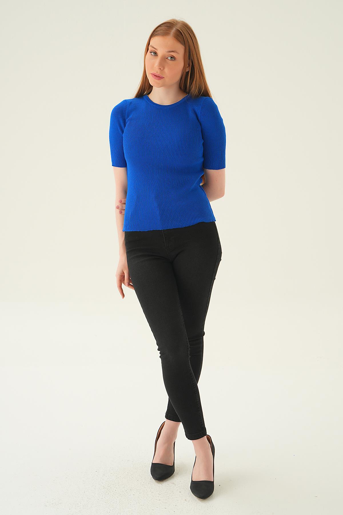 1449 Bisiklet Yaka Tişört Saks - 6