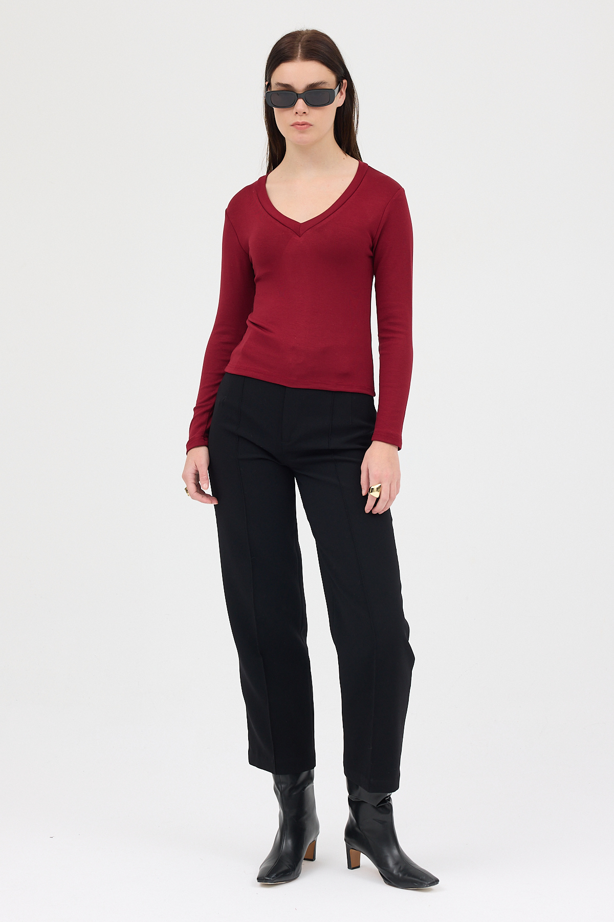 Bordo V Yaka Uzun Kol Body 1452 - 3