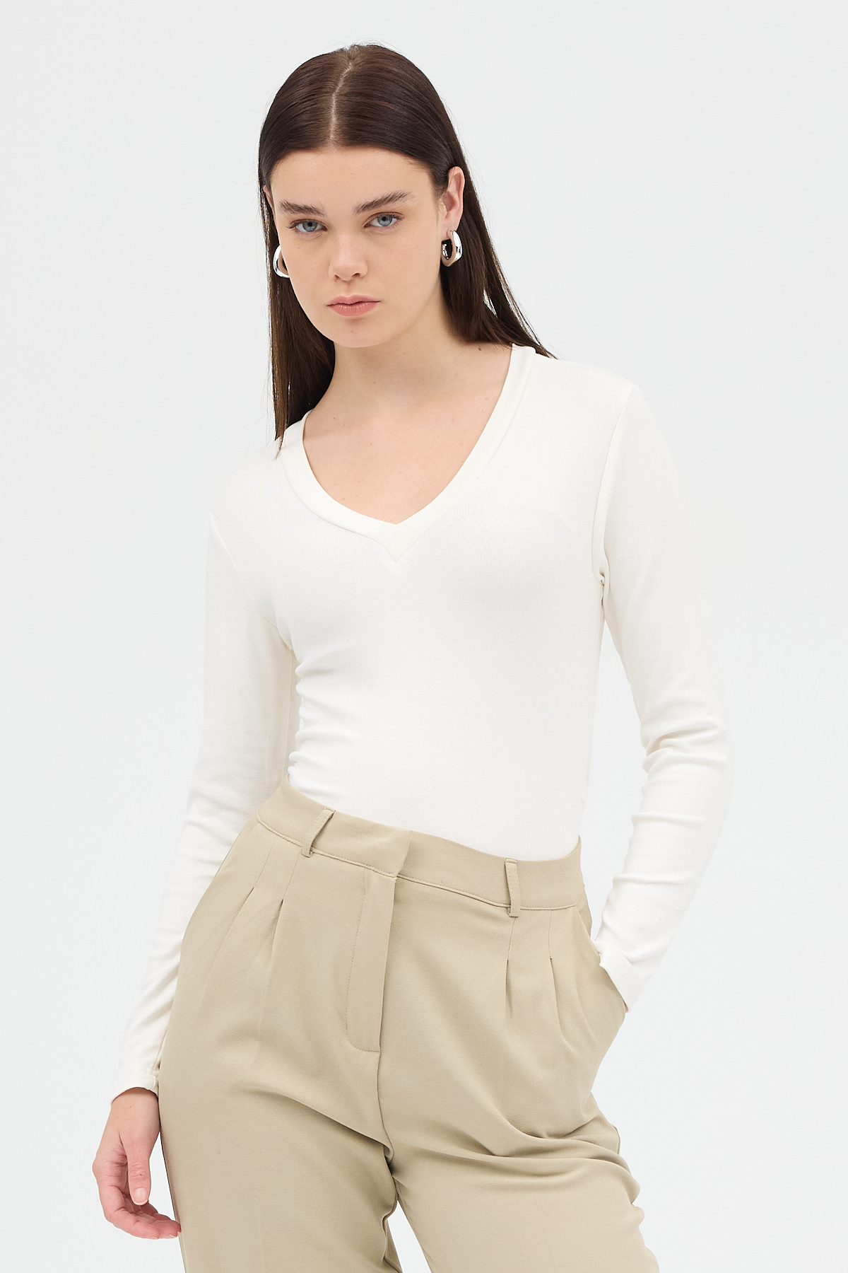 Ekru V Yaka Uzun Kol Body 1452 - RAYS