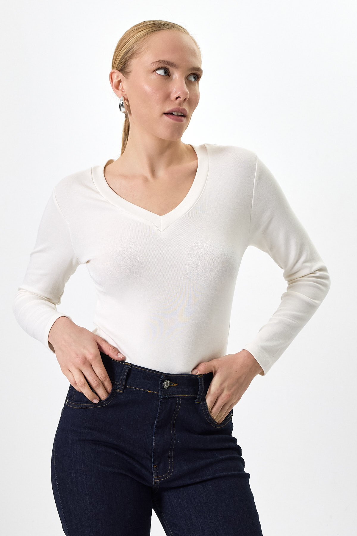 Ekru V Yaka Uzun Kol Body 1452 - 1