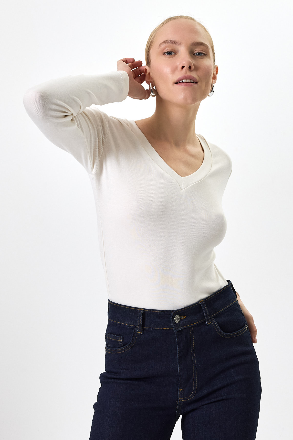 Ekru V Yaka Uzun Kol Body 1452 - 7