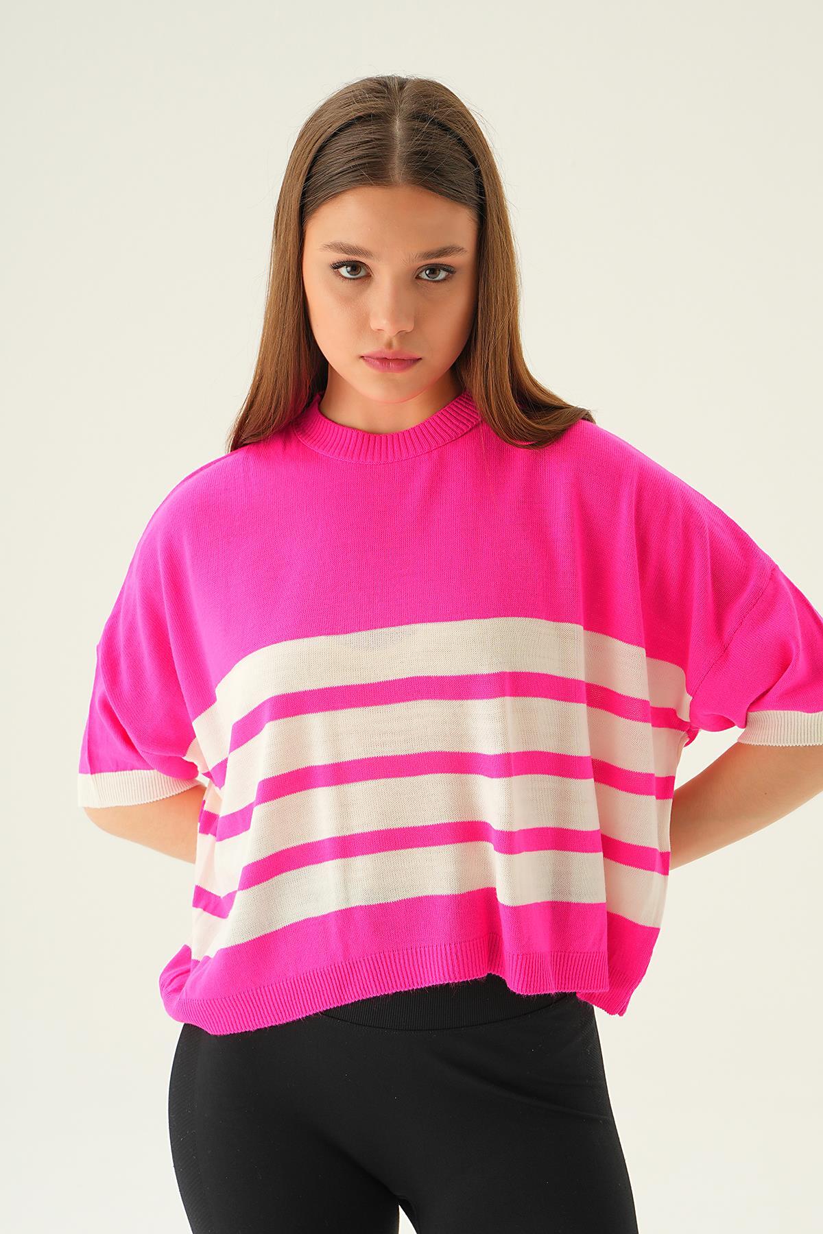 1454 Çizgi Detay Oversize Tişört Fuşya - 3