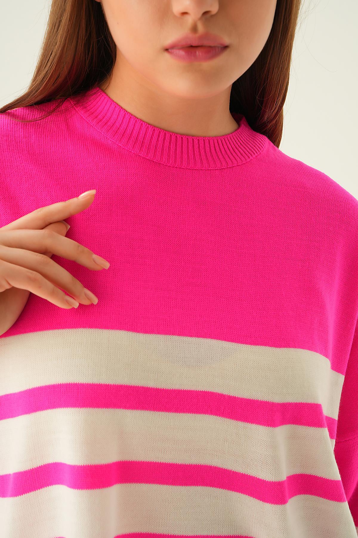 1454 Çizgi Detay Oversize Tişört Fuşya - 6