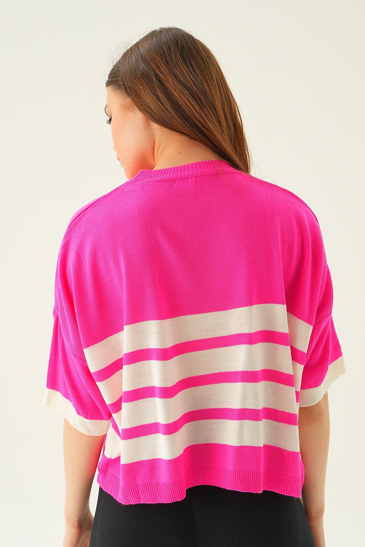 Fuşya Çizgi Detay Oversize Tişört 1454 - 5