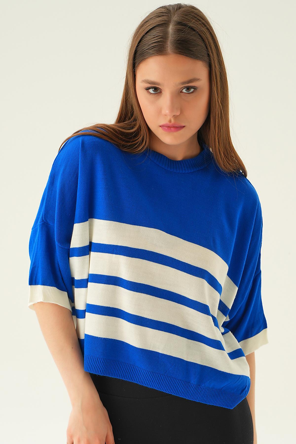 Saks Çizgi Detay Oversize Tişört 1454 - 3