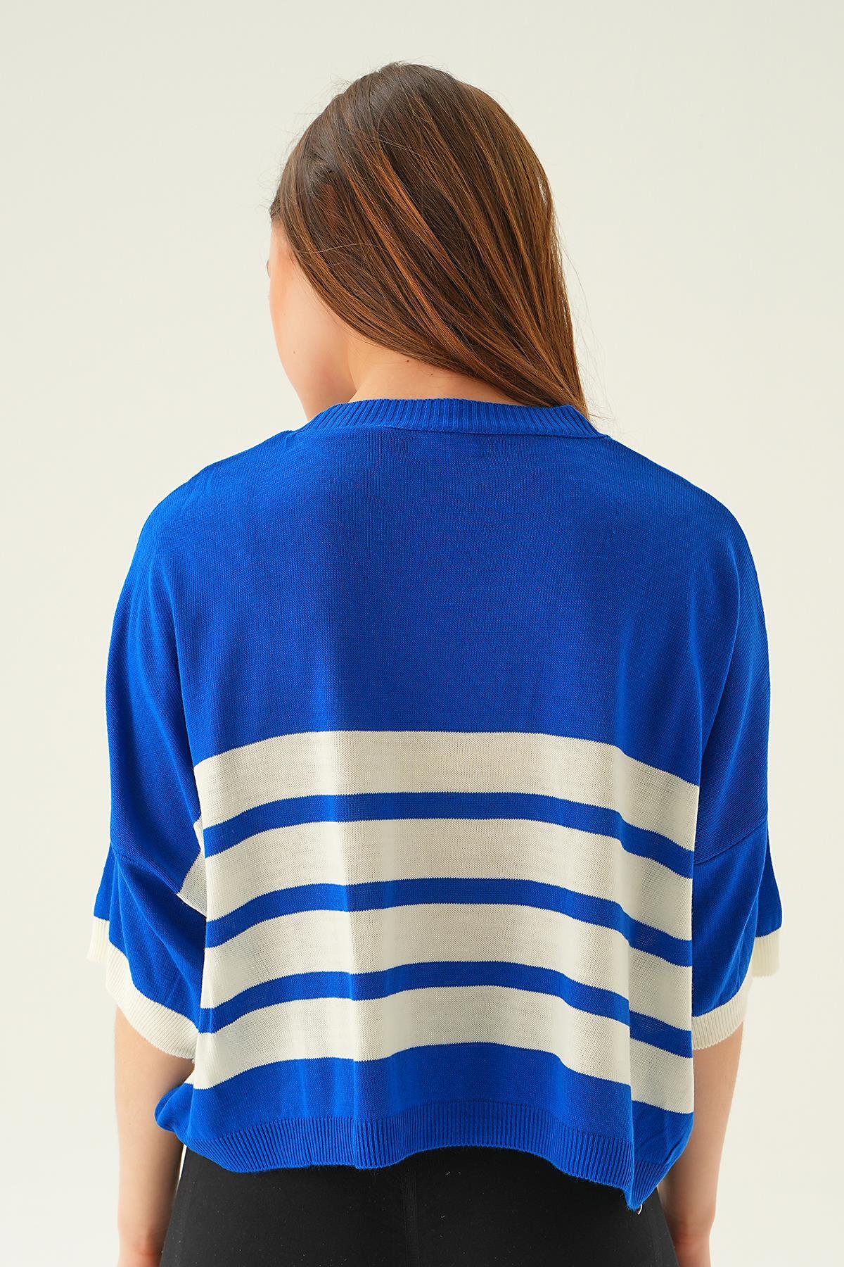 Saks Çizgi Detay Oversize Tişört 1454 - 4