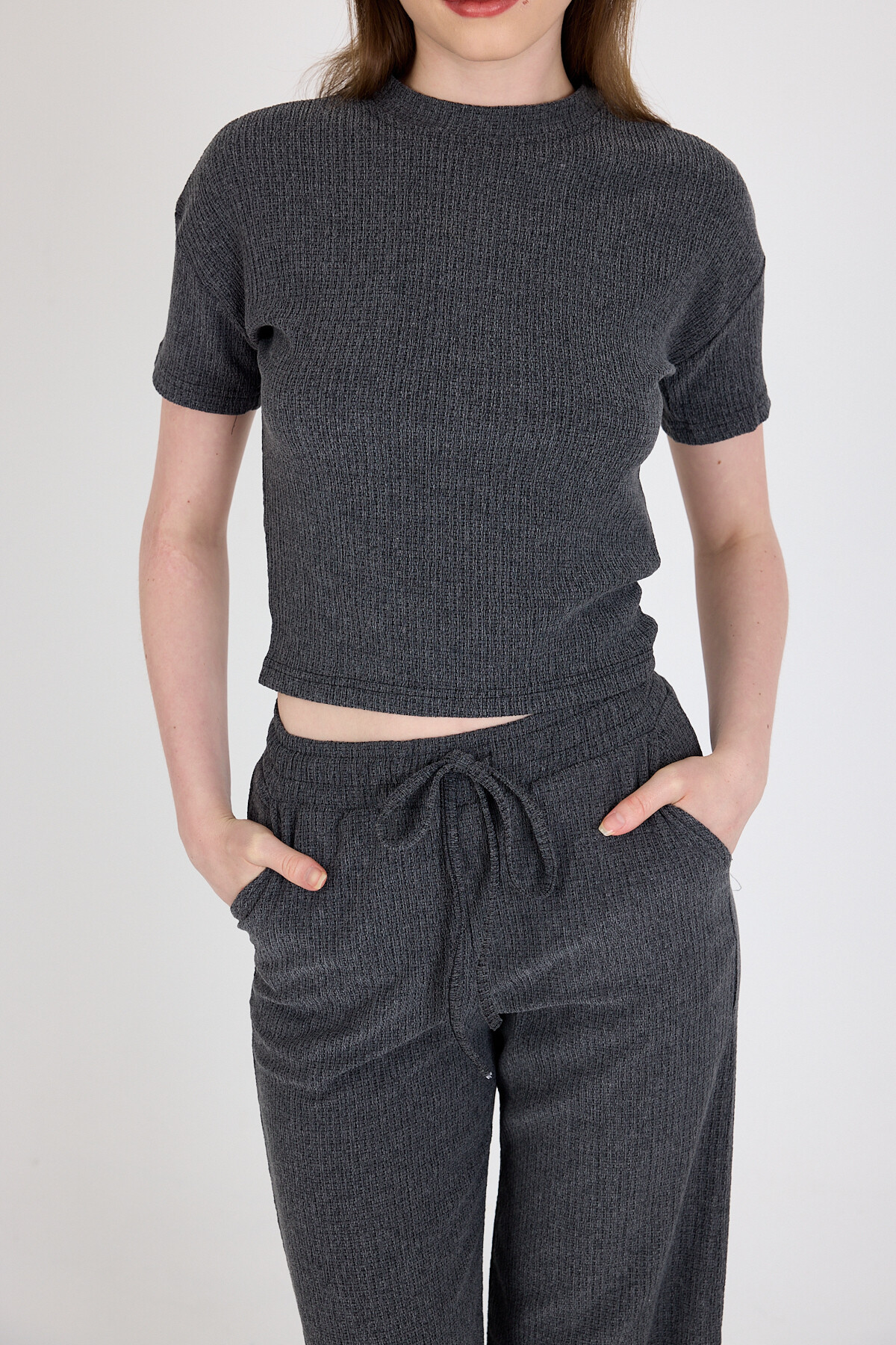 Füme Bisiklet Yaka Bürümcük Dokulu Kumaş Alt Üst Takım 1455 - 6