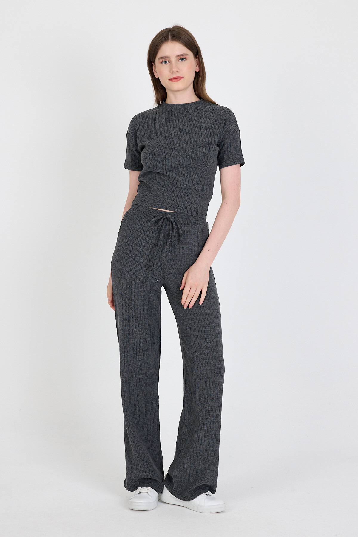 Füme Bisiklet Yaka Bürümcük Dokulu Kumaş Alt Üst Takım 1455 - 1