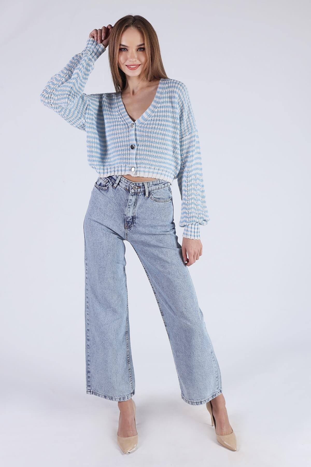 1456 Çizgili Hırka Mavi - 4