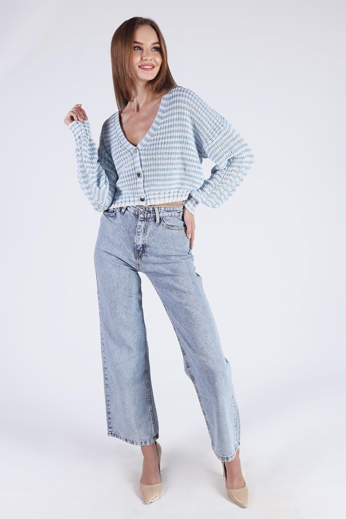 1456 Çizgili Hırka Mavi - 7