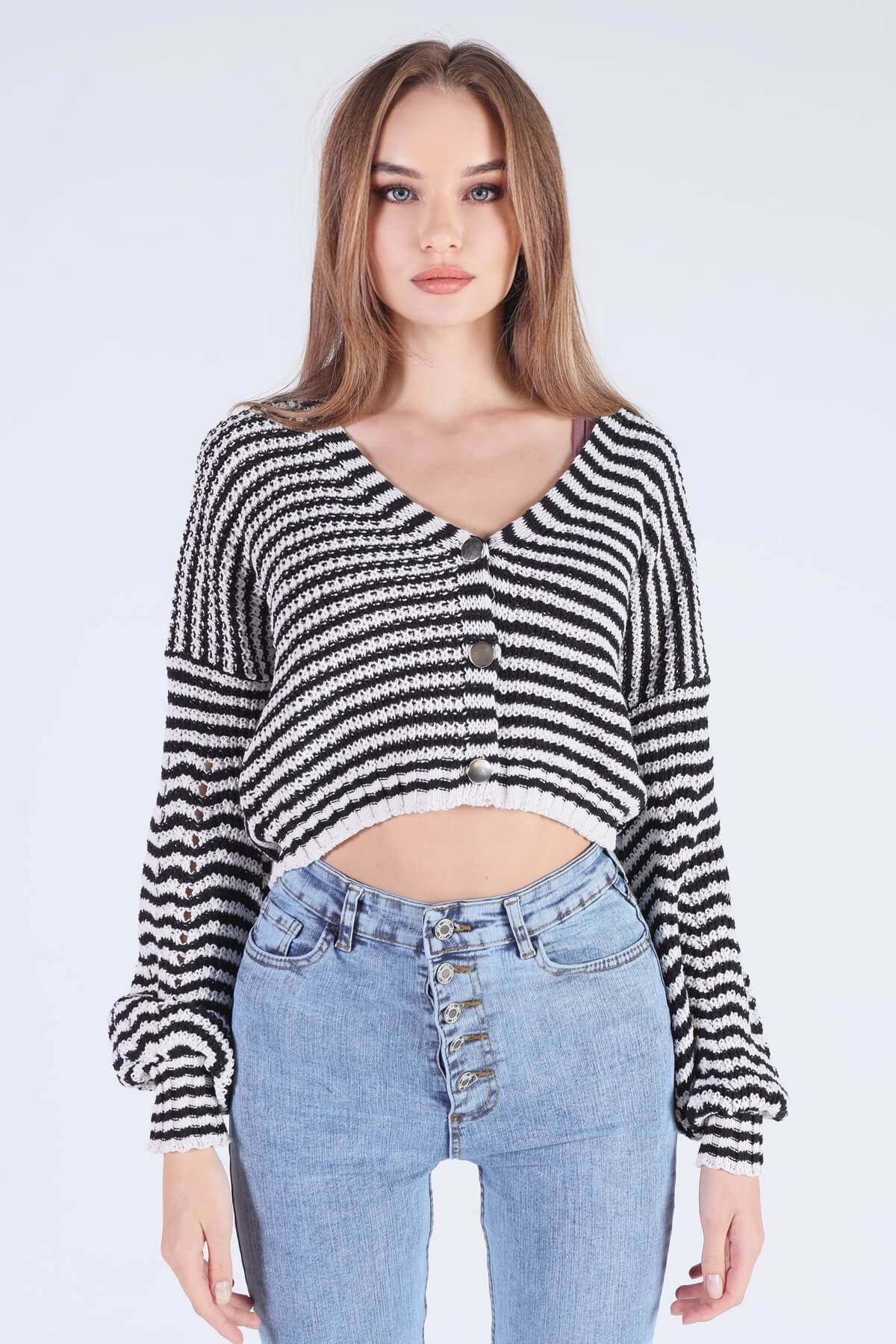 1456 Çizgili Hırka Siyah - 5