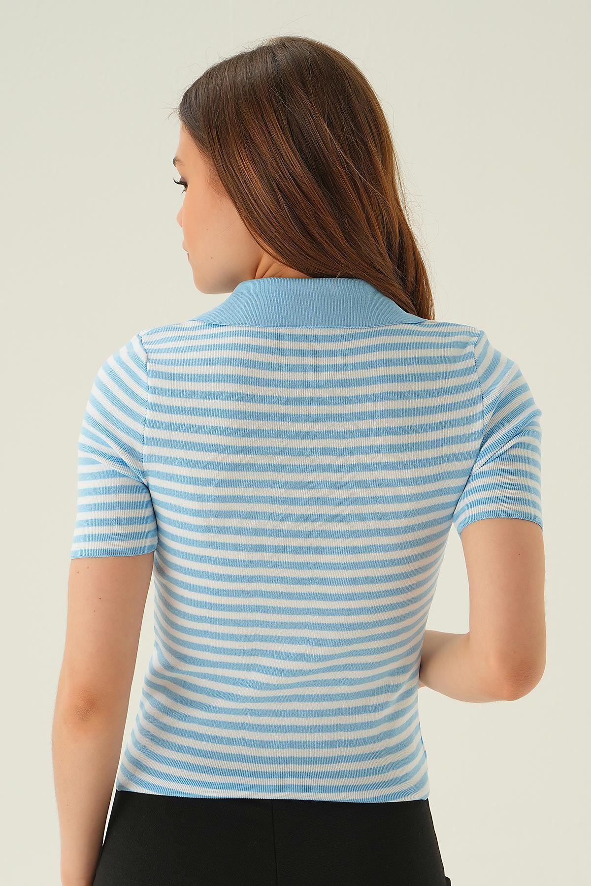 1456 V Yaka Çizgili Tişört Bebe Mavi - 5