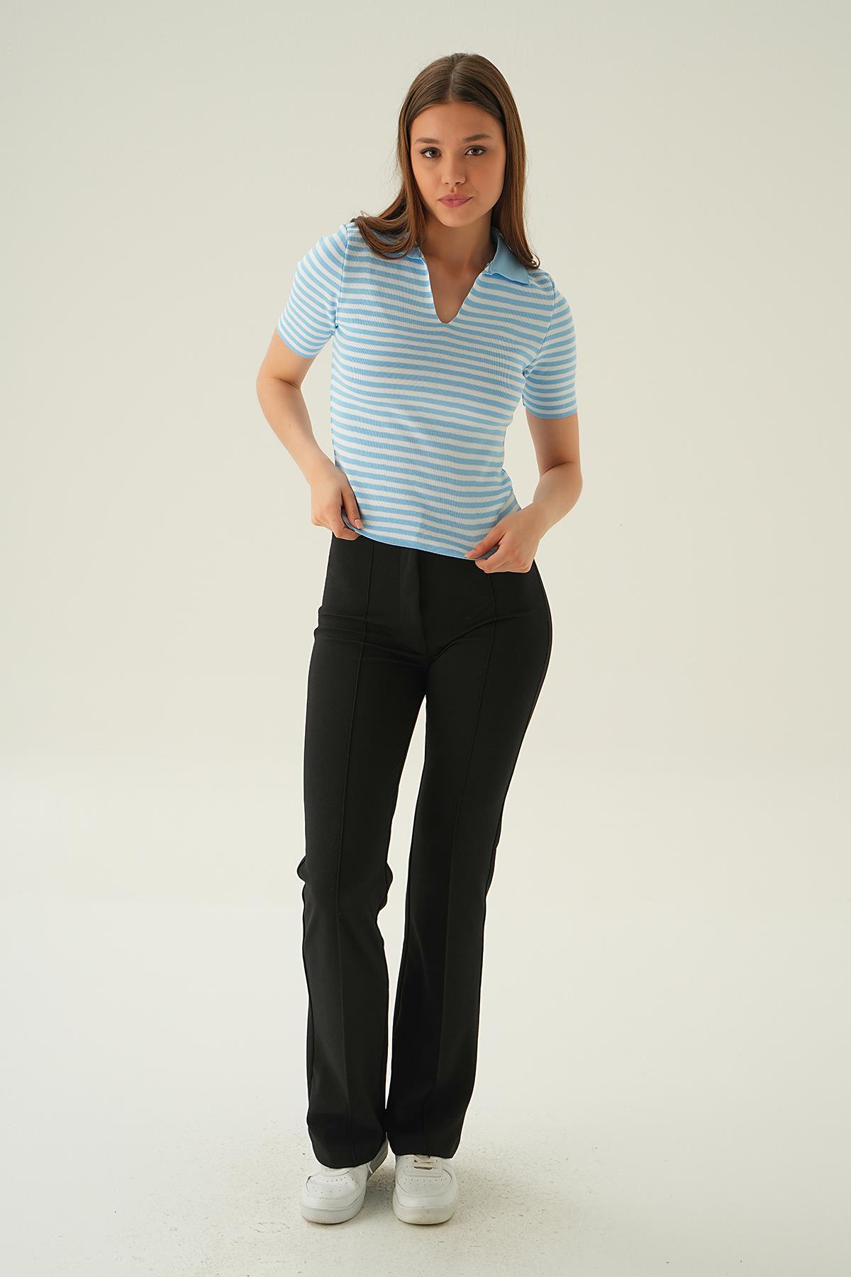 1456 V Yaka Çizgili Tişört Bebe Mavi - 2