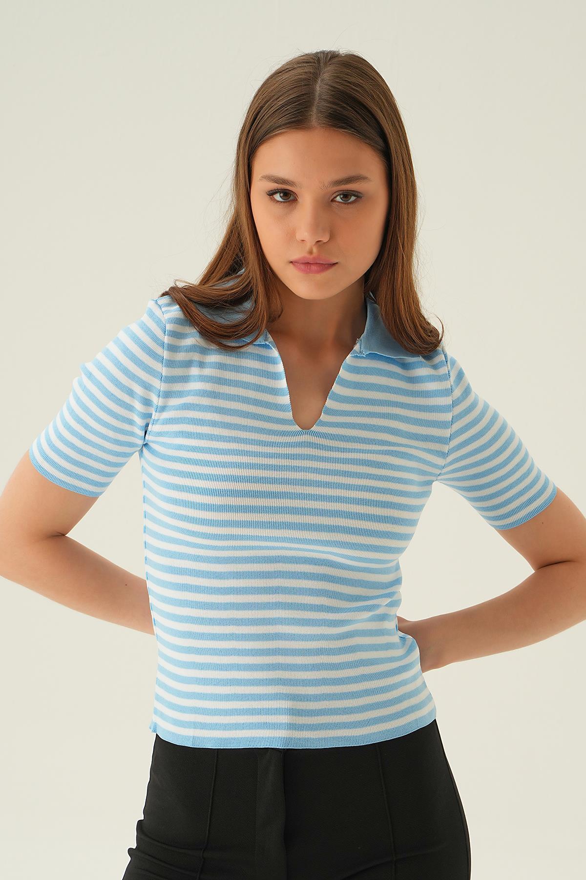 Bebe Mavi V Yaka Çizgili Tişört 1456 - 4