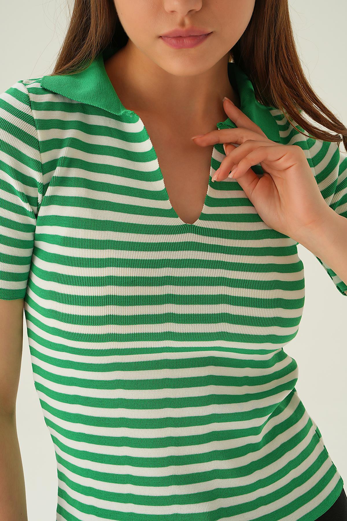 1456 V Yaka Çizgili Tişört Benetton Yeşili - 3