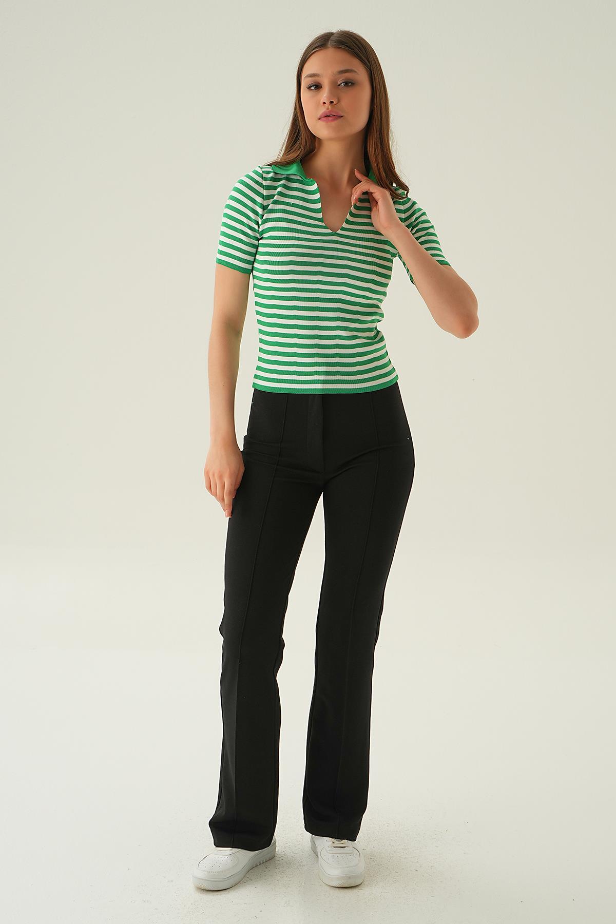 Benetton Yeşili V Yaka Çizgili Tişört 1456 - 2