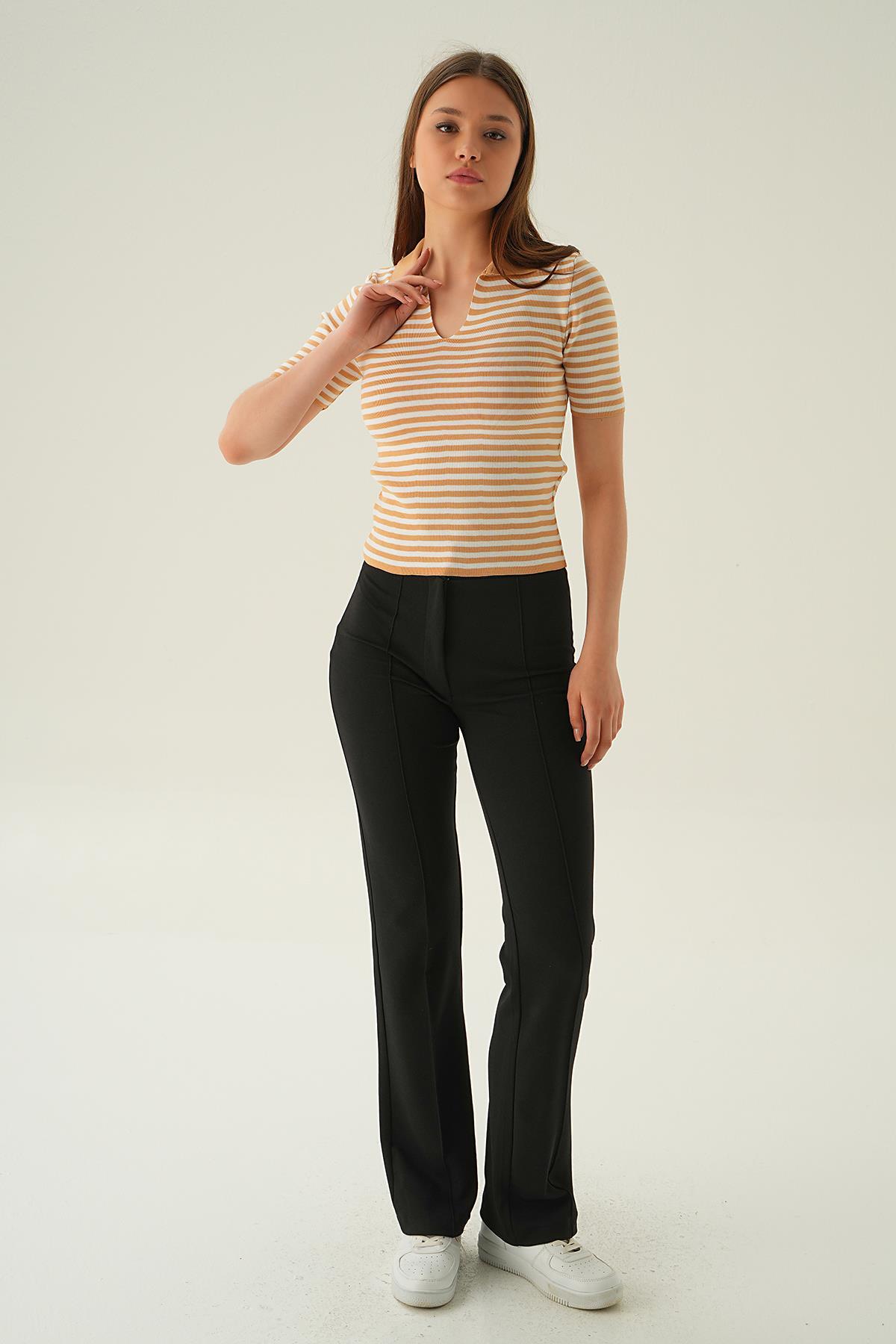 1456 V Yaka Çizgili Tişört Camel - 1