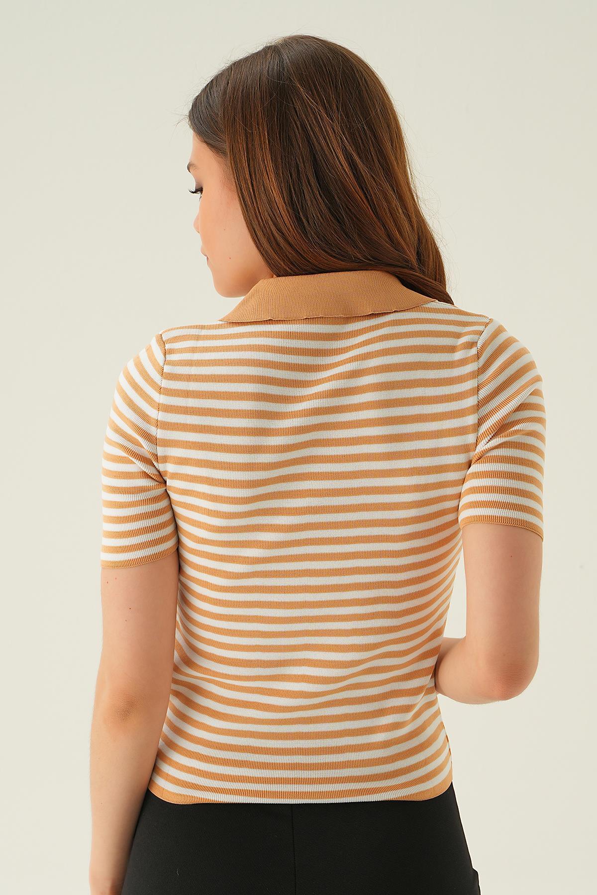 1456 V Yaka Çizgili Tişört Camel - 5