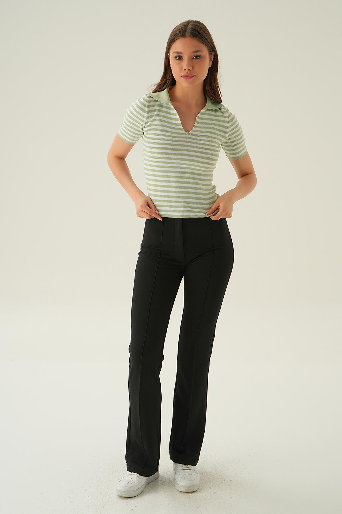 1456 V Yaka Çizgili Tişört Mint - 2