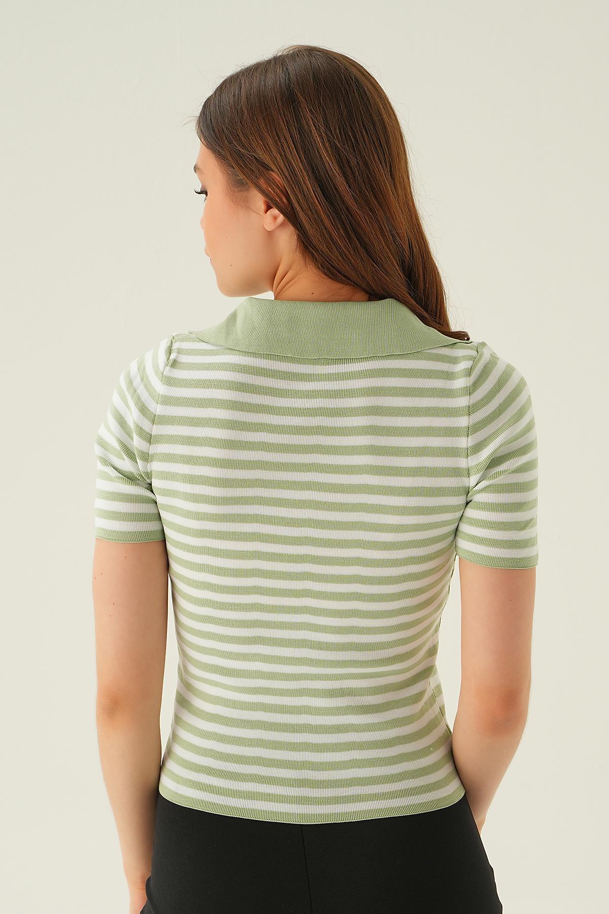 1456 V Yaka Çizgili Tişört Mint - 6