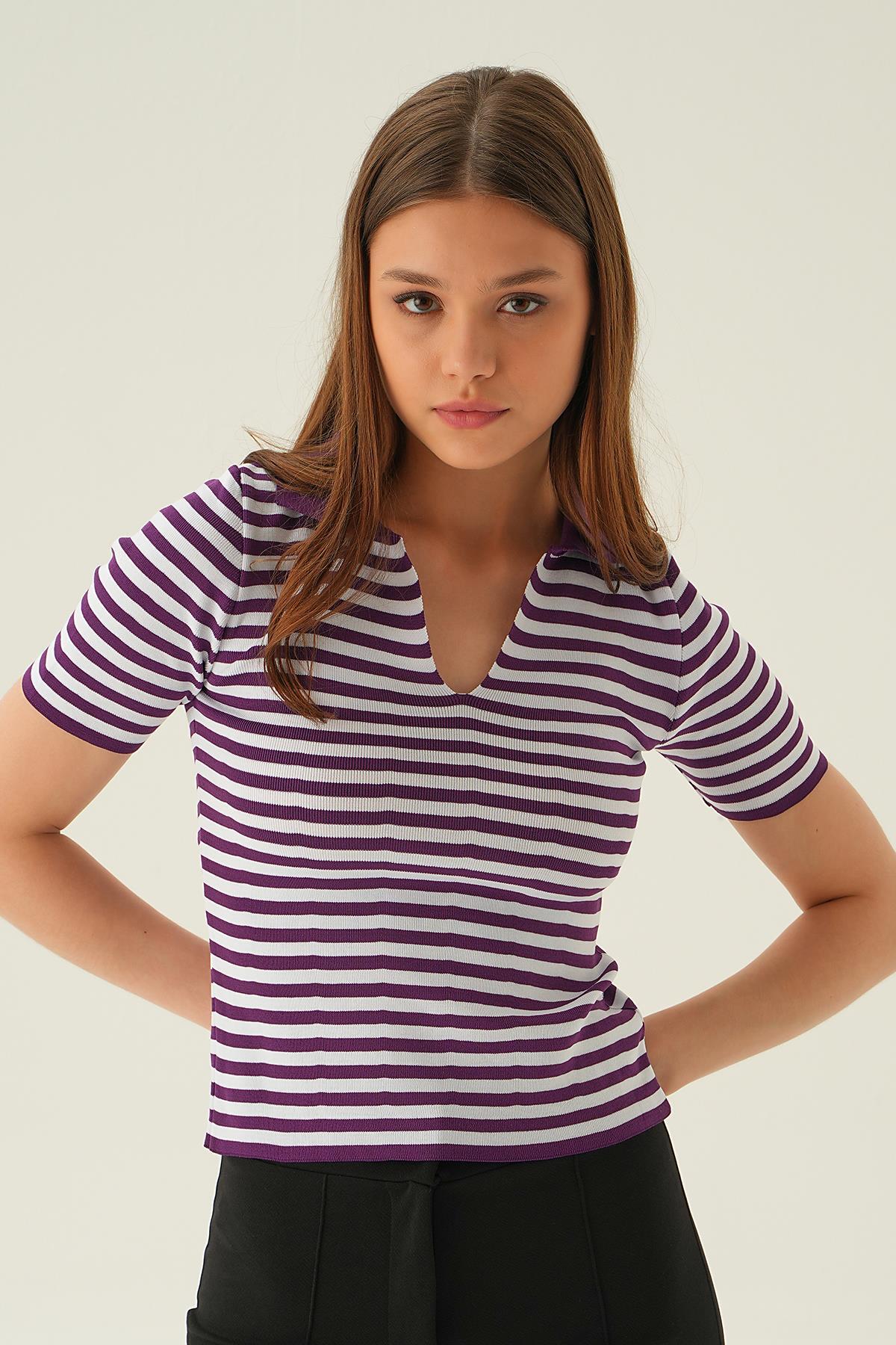 1456 V Yaka Çizgili Tişört Mor 