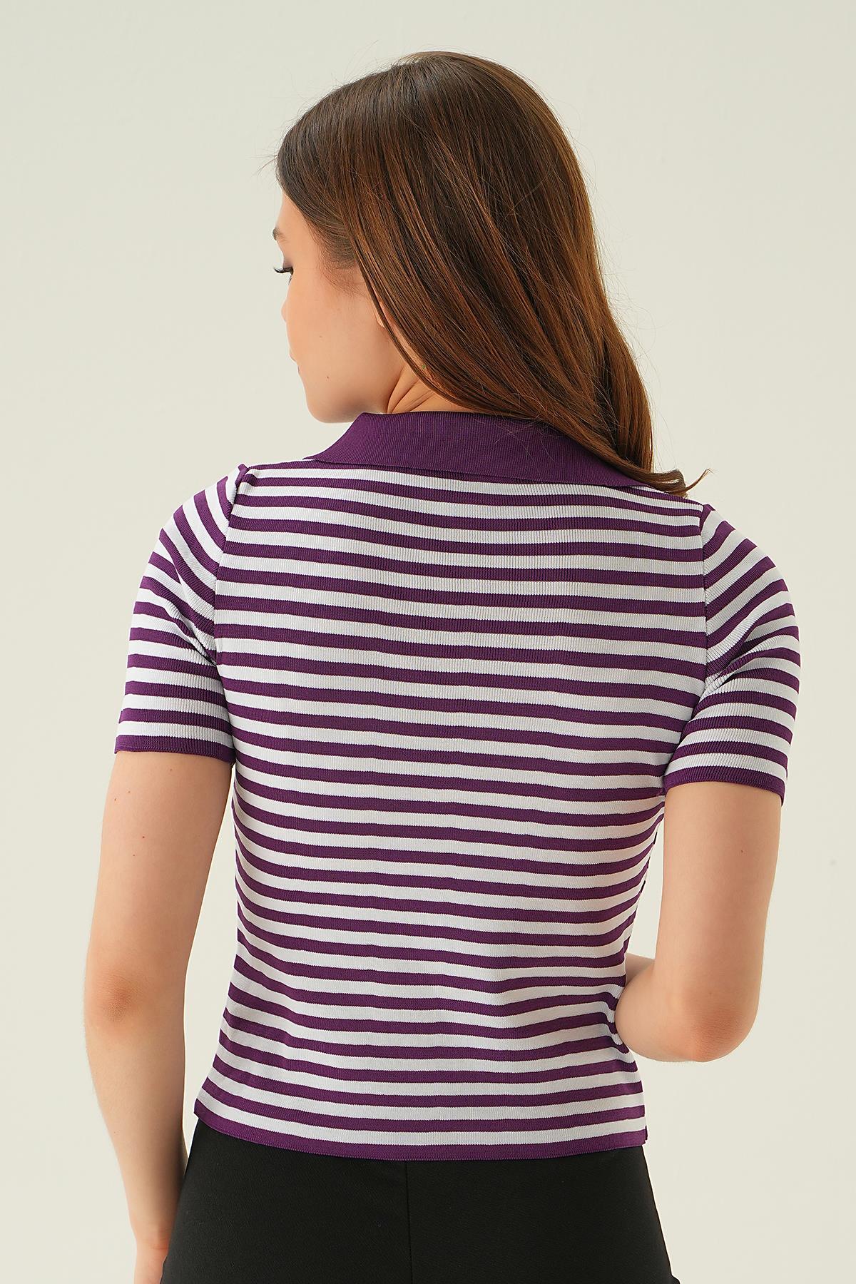1456 V Yaka Çizgili Tişört Mor - 5