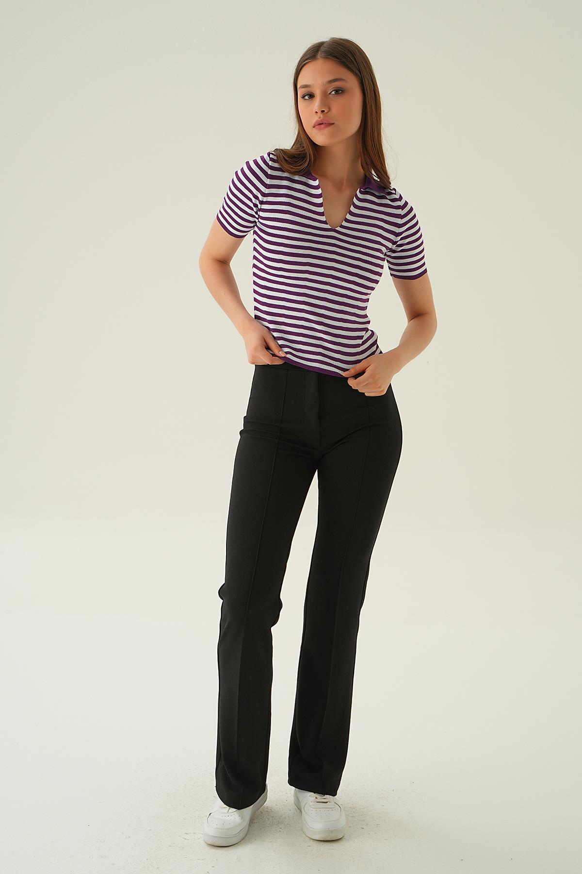 Mor V Yaka Çizgili Tişört 1456 - 2