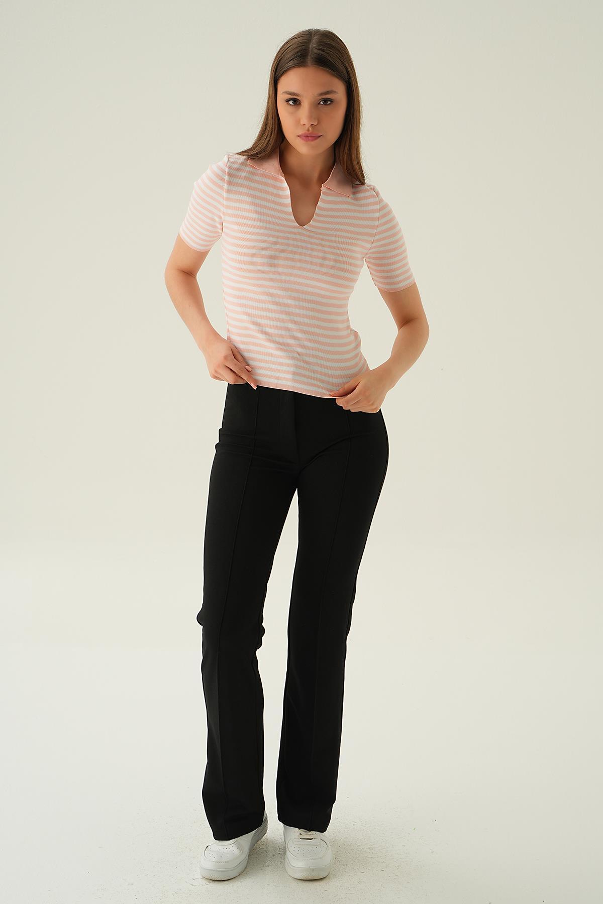 1456 V Yaka Çizgili Tişört Pudra - 2